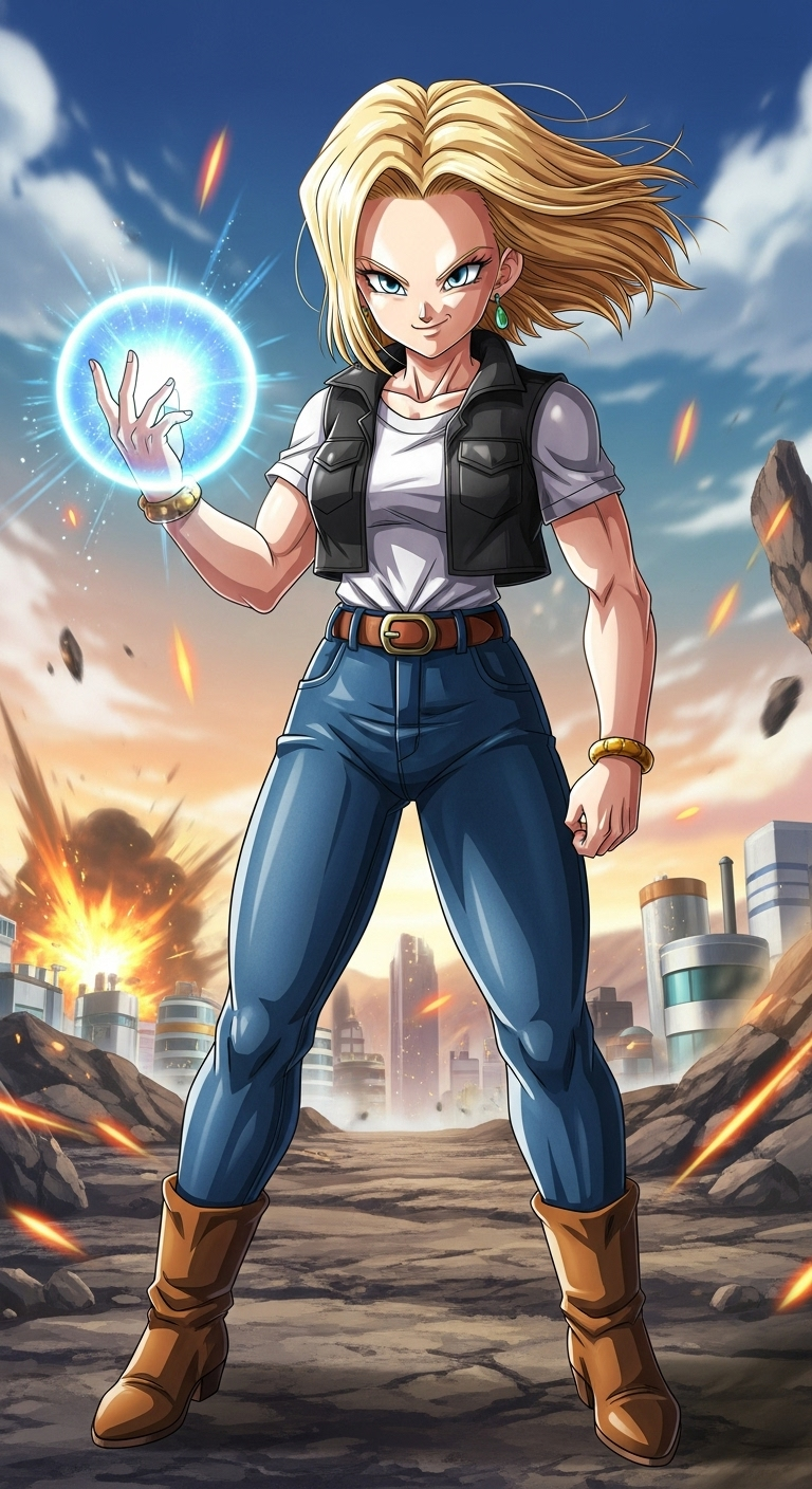 Android 18 in Dragon Ball series, showcasing her strength and power in an action-packed scene.