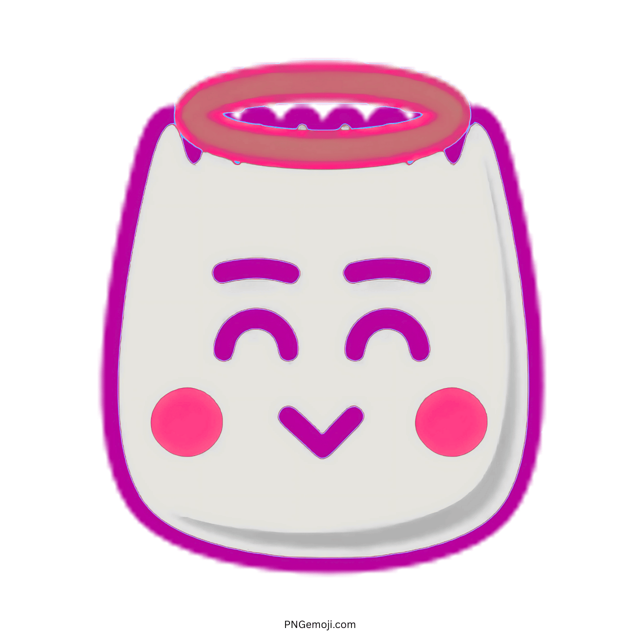 Angel TikTok emoji with purple outline, pink halo, and smiling face with rosy cheeks