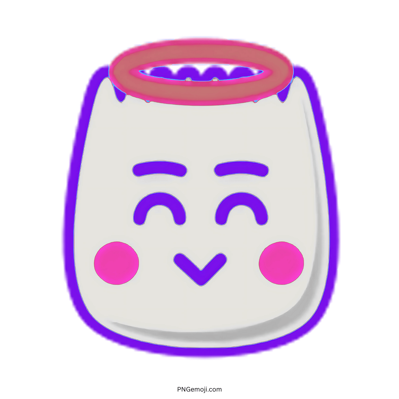 Angel TikTok emoji with violet outline, pink halo, blushing cheeks, and smiling cute face