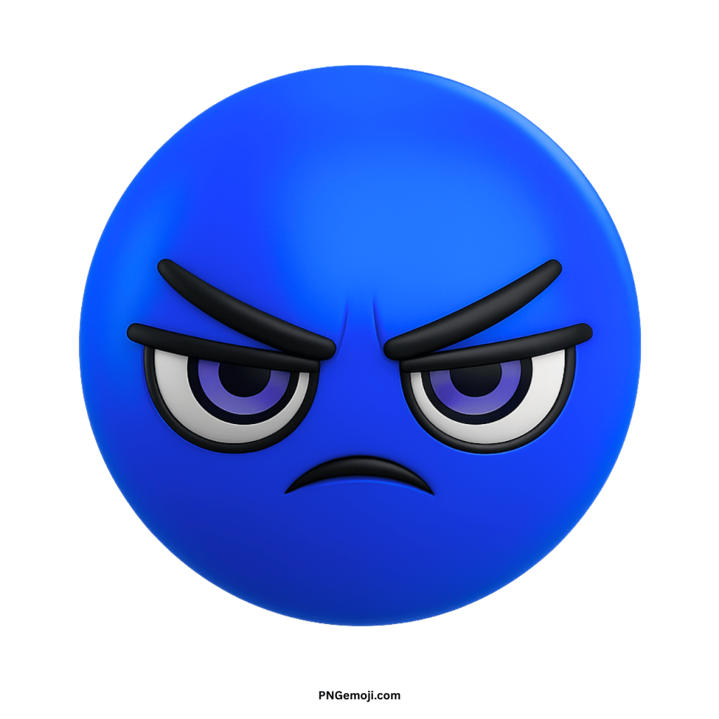 Blue angry emoji face with frowning mouth and sharp eyes expression in PNG format