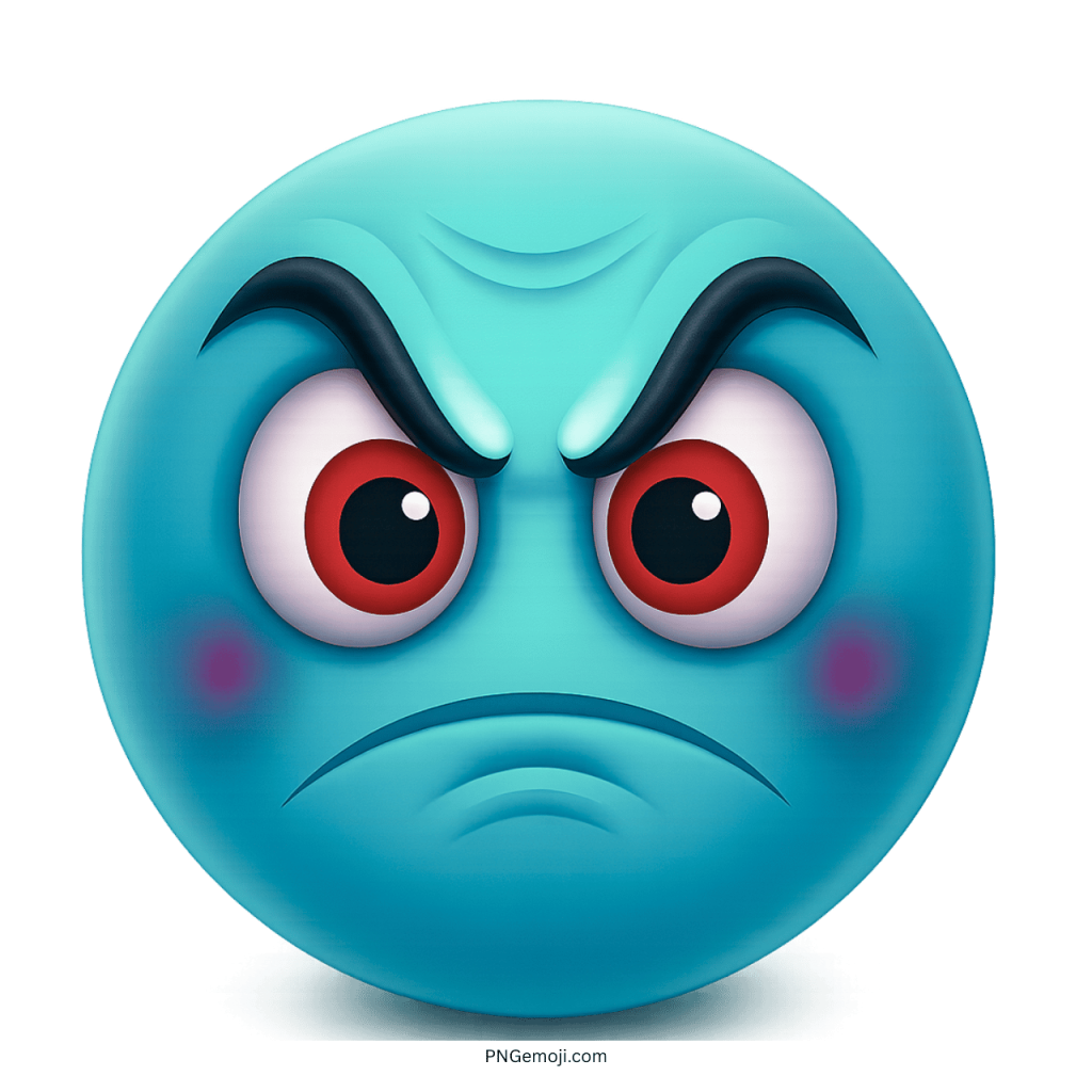 Blue angry emoji with red eyes, frowning mouth, and raised black eyebrows