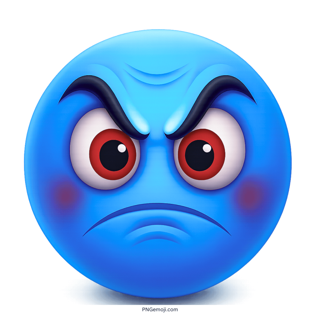 Blue angry emoji face showing frustration with raised eyebrows and red eyes