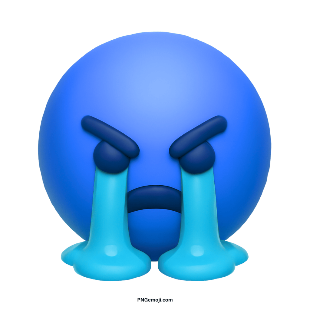 Blue angry crying emoji face with streaming tears and emotional expression on transparent background