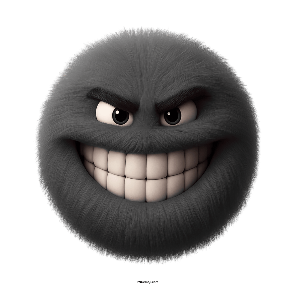 Dark furry emoji with angry eyes and wide mischievous grin on transparent background
