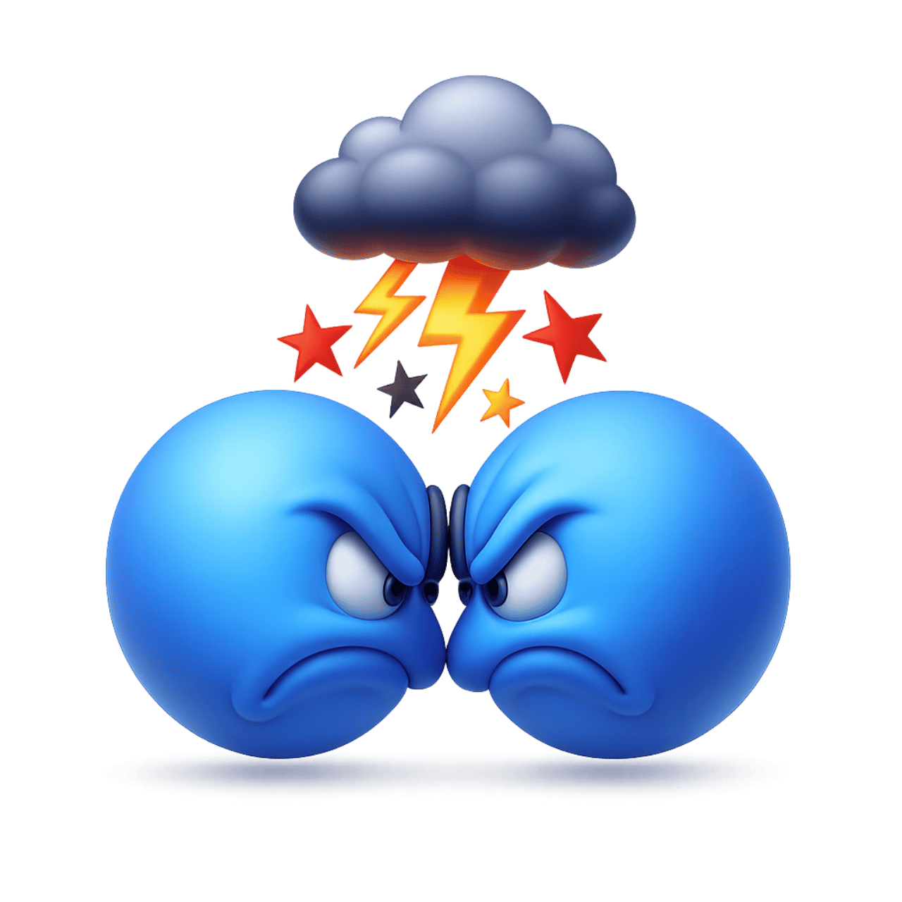 Two angry emoticons clashing with storm cloud lightning and stars symbolizing conflict
