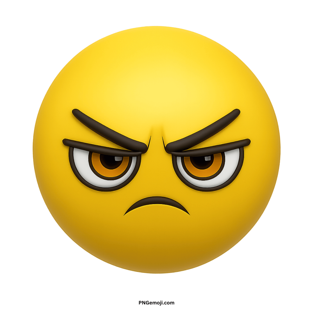 Angry yellow emoji face icon with sharp eyebrows and frowning mouth on transparent PNG background