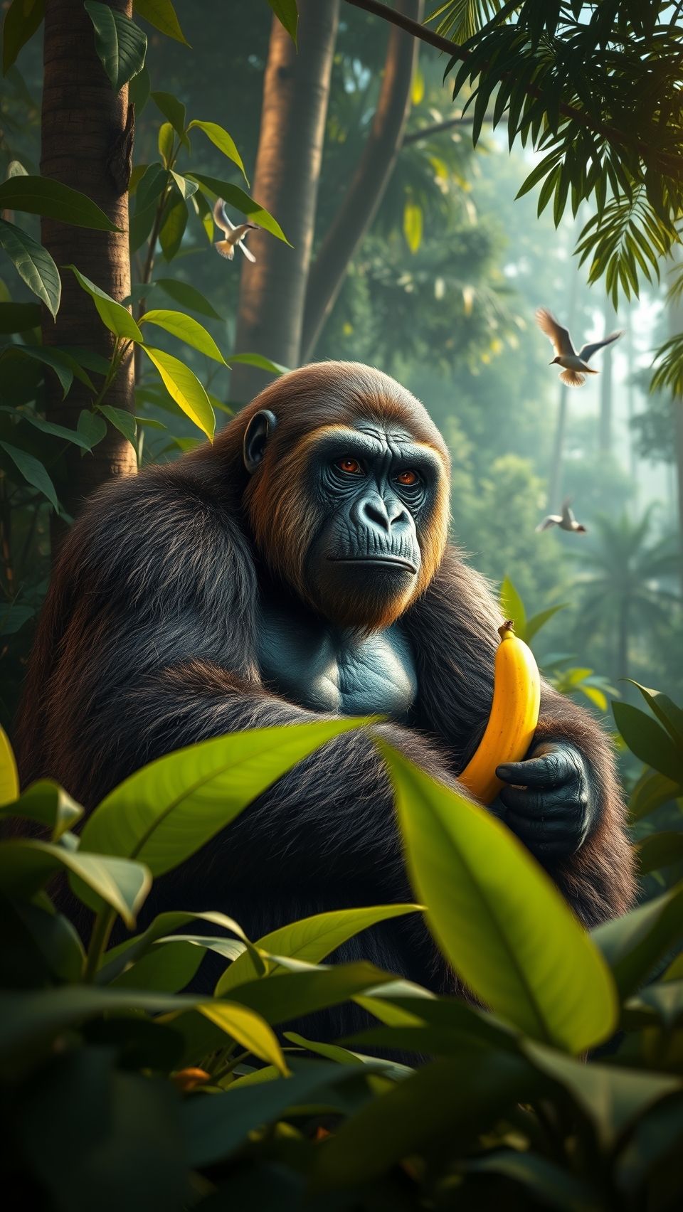Majestic gorilla with red eyes holding banana in lush jungle, surrounded by green leaves and flying birds.
