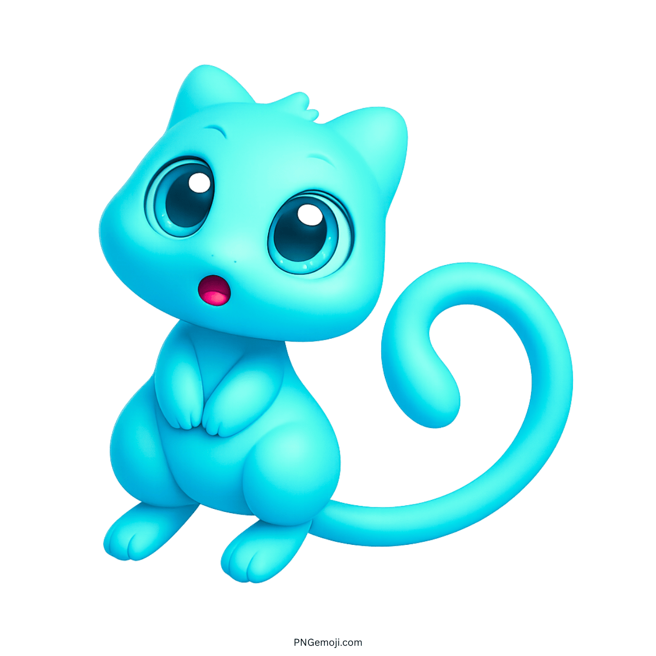 Aqua blue 3D Mew cat emoji with big eyes and cute surprised expression