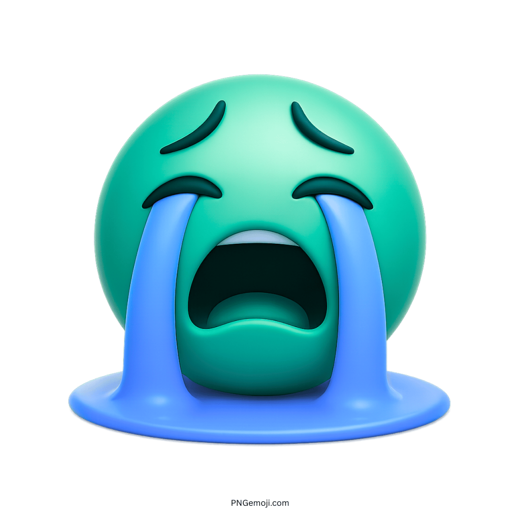 aqua green 3d emoji crying hard with blue tears forming puddle