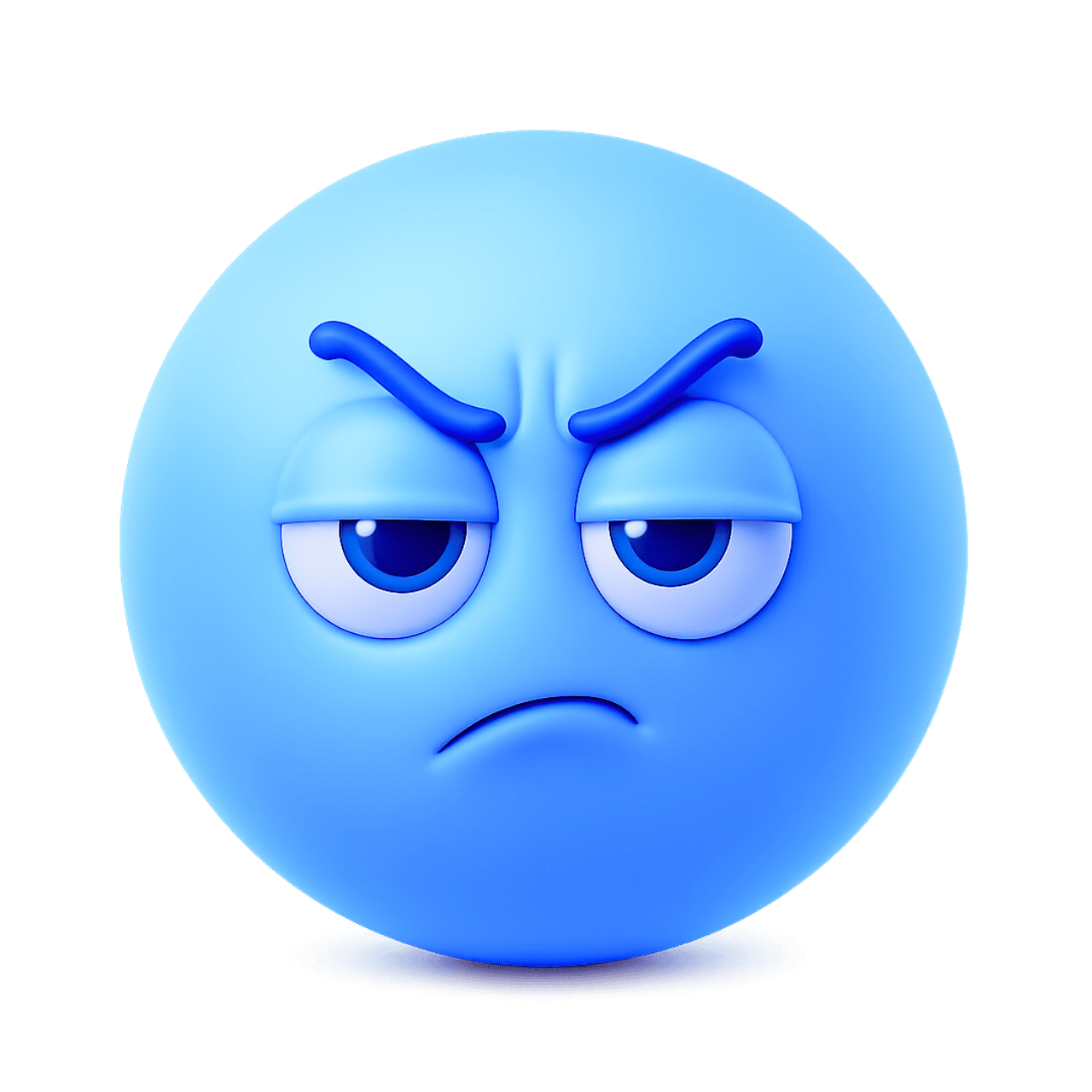 Blue 3D arching brows emoji showing angry, annoyed, and frustrated face expression in PNG style