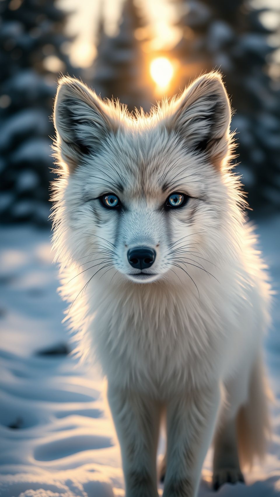 Close-up arctic fox with blue eyes in snowy winter forest during golden sunset