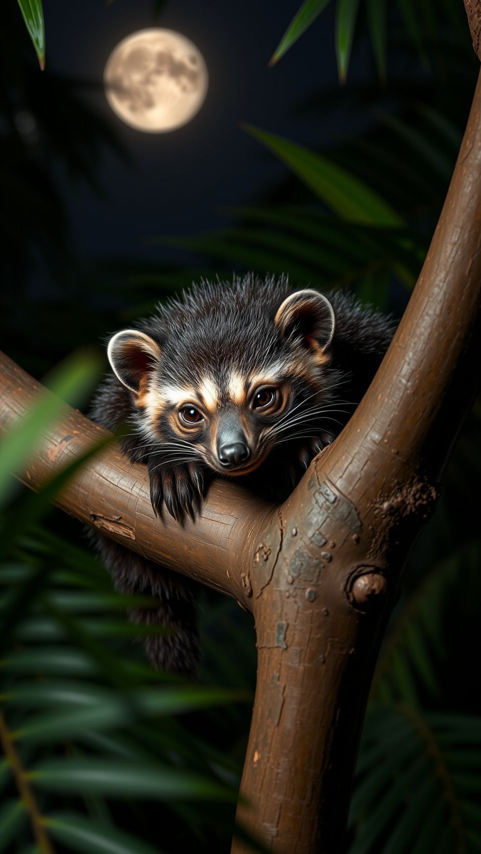 Asian palm civet resting on tree branch at night under moonlight in lush forest
