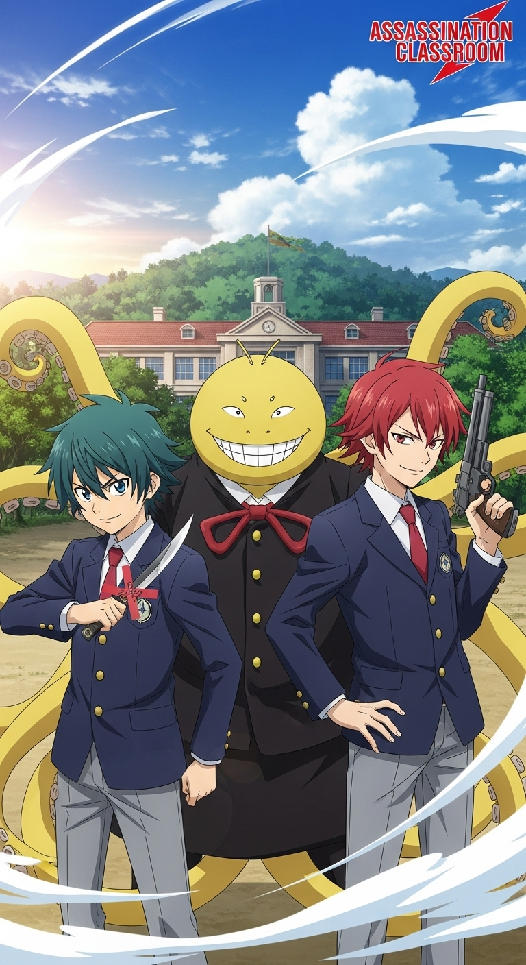 Assassination Classroom wallpaper featuring Koro Sensei with Nagisa and Karma holding weapons