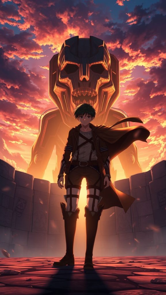 Attack on Titan wallpaper featuring Eren Yeager with colossal titan emerging behind the wall