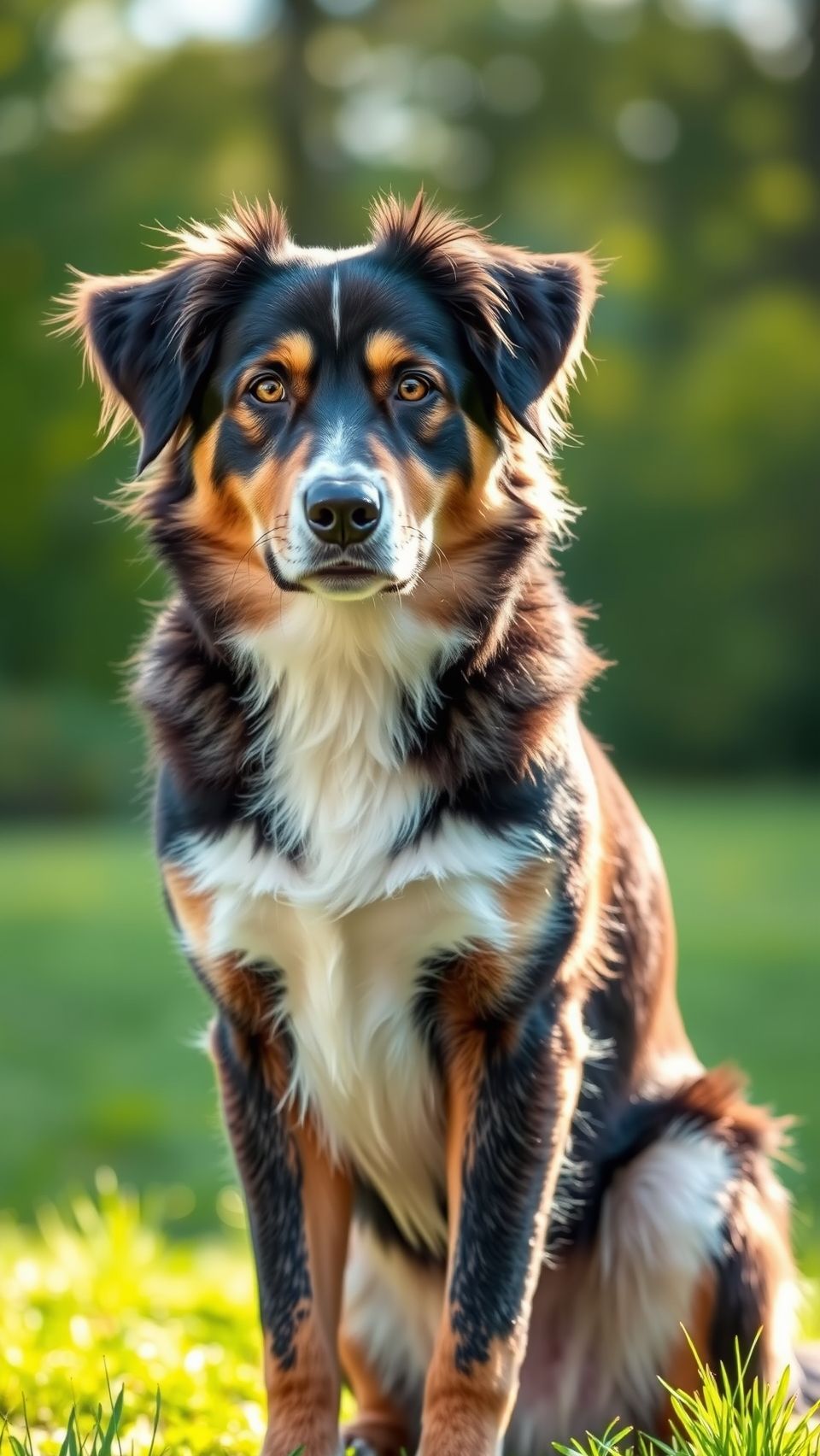 Aussiedor dog wallpaper showing Australian Shepherd Labrador mix sitting outdoors in natural sunlight