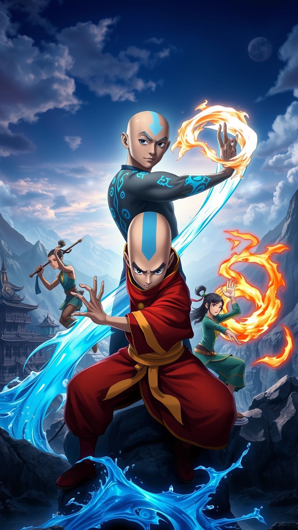 Epic Avatar The Last Airbender wallpaper with Aang bending water and fire elements