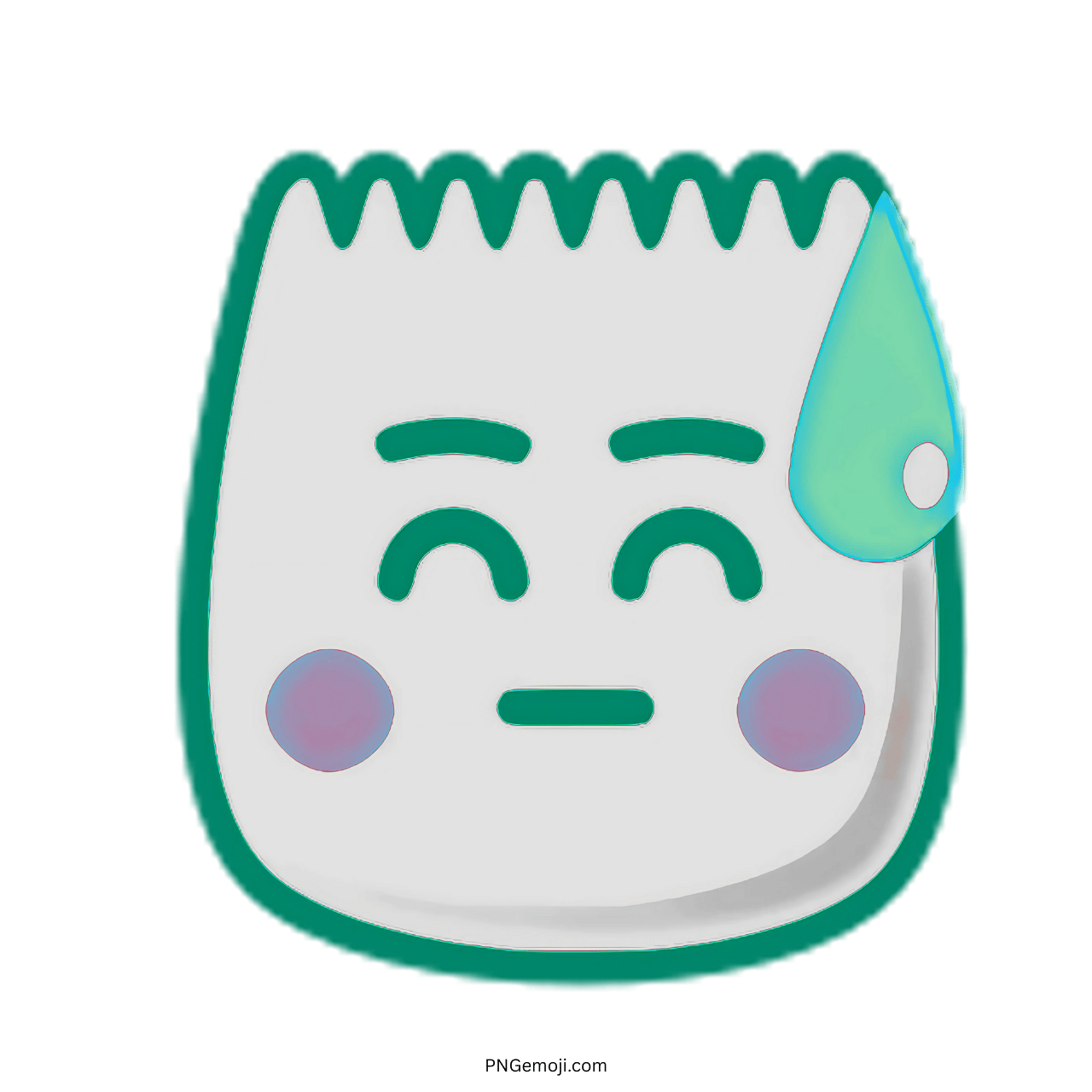 Awkward TikTok emoji white 3D face with green outline, sweat drop, and blush cheeks