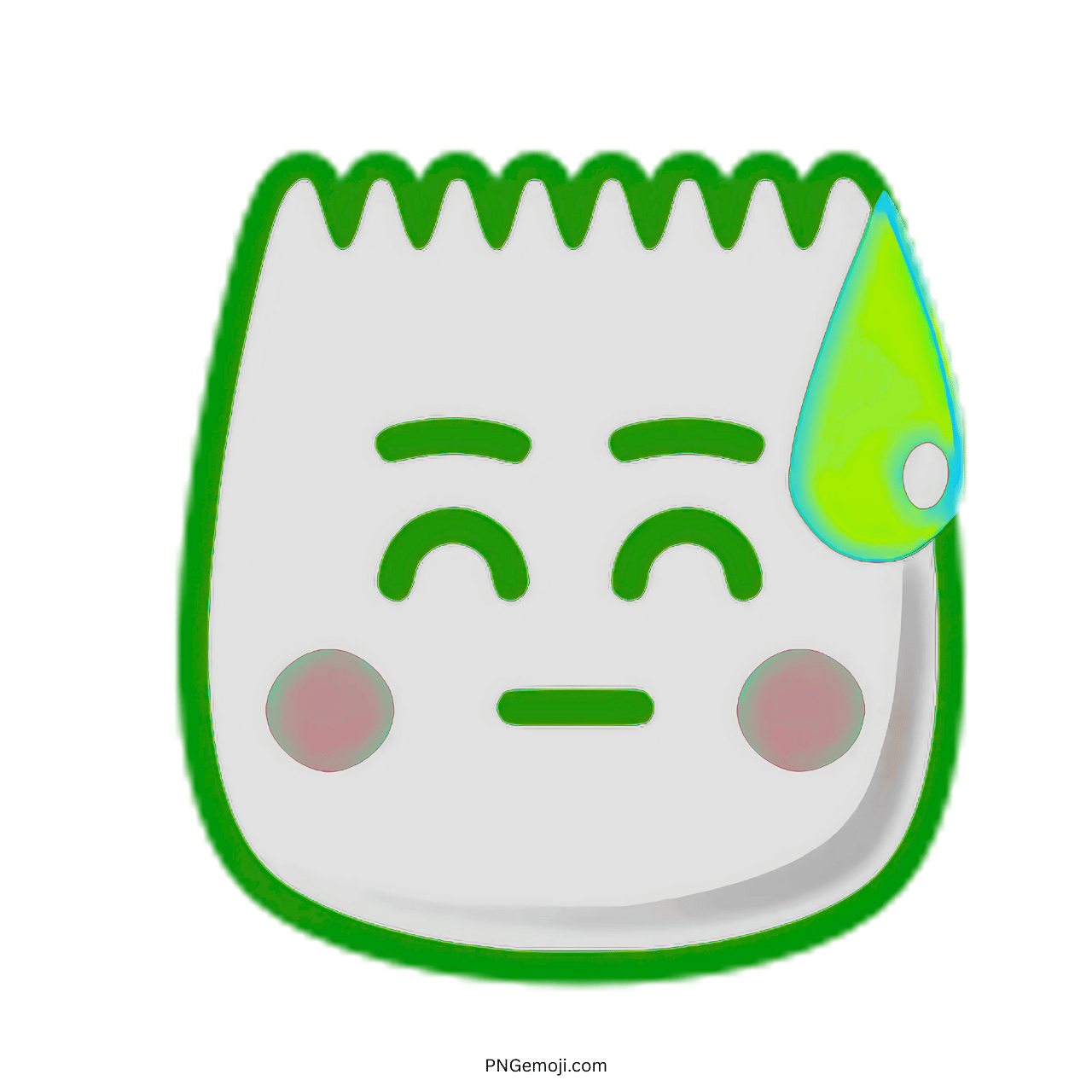 Awkward TikTok emoji 3D face with green sweat drop and soft pink cheeks