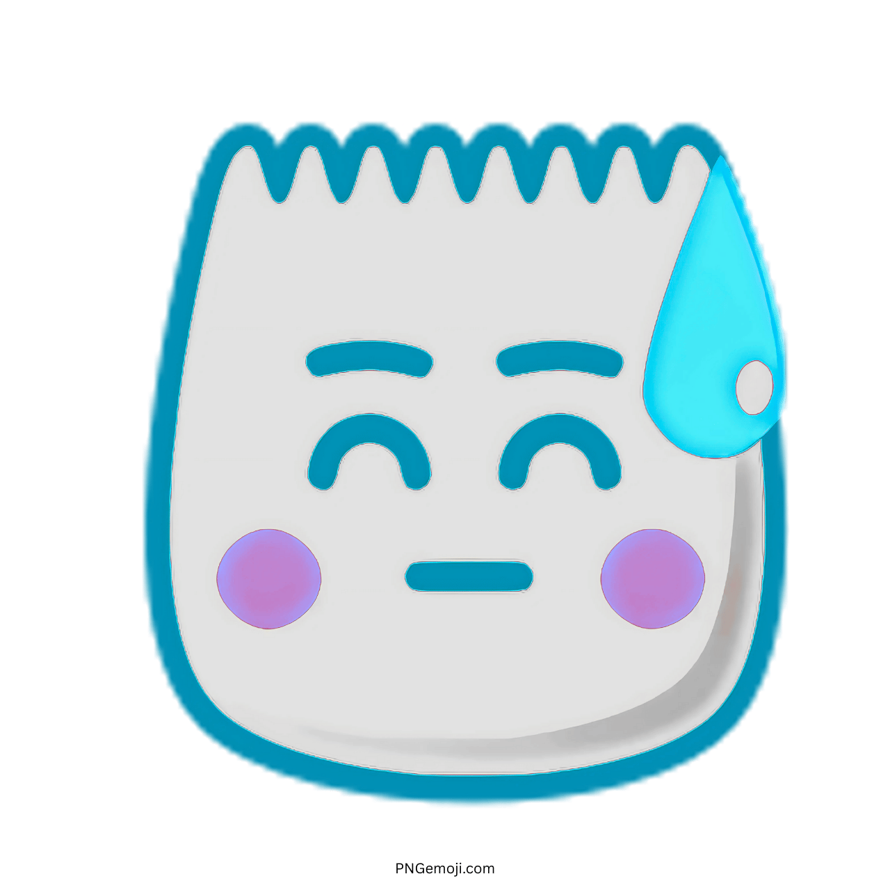 Awkward TikTok emoji 3D cartoon face with light blue sweat drop and purple cheeks