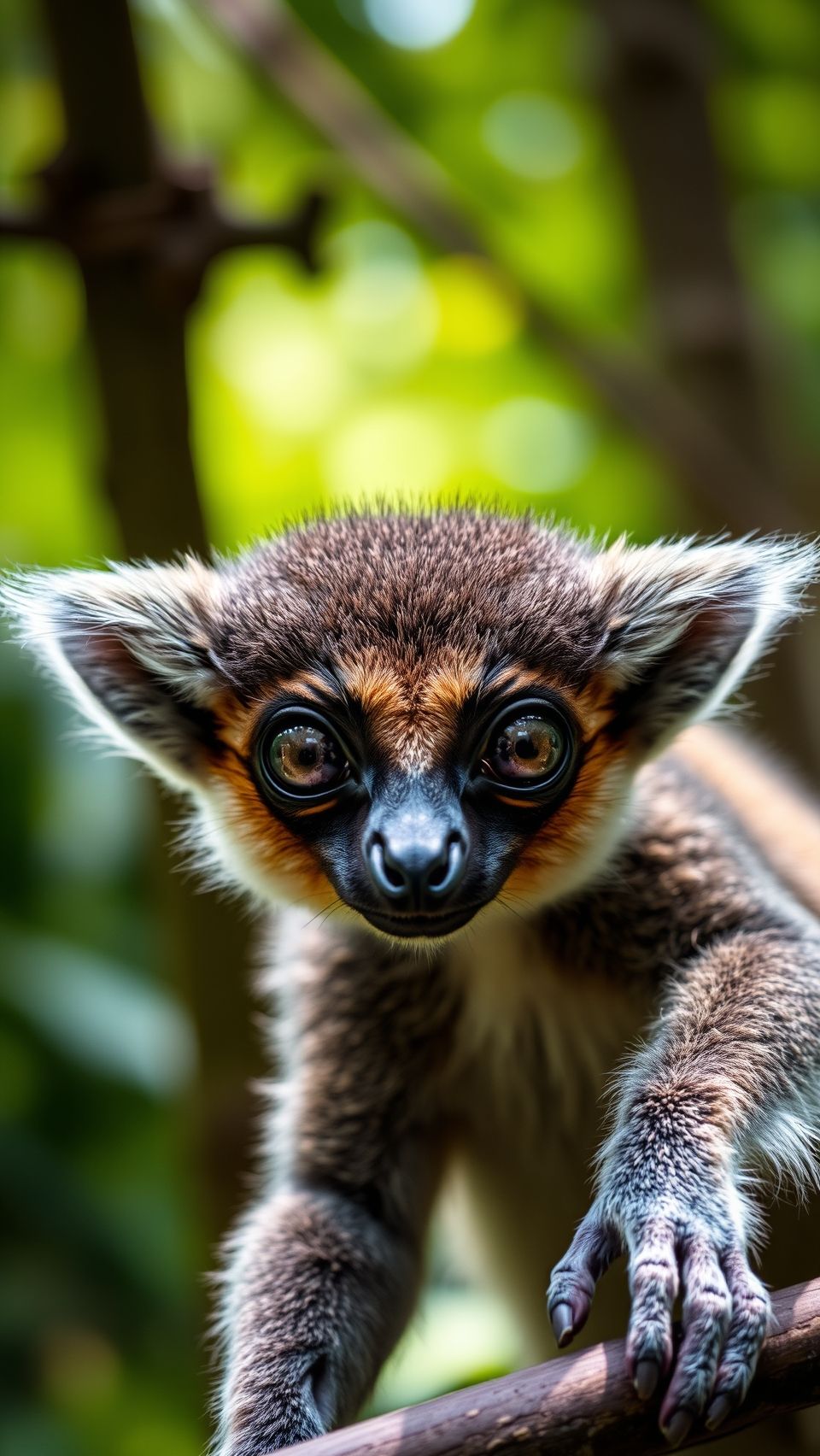 Close-up of aye-aye lemur with large eyes and sharp claws in Madagascar rainforest