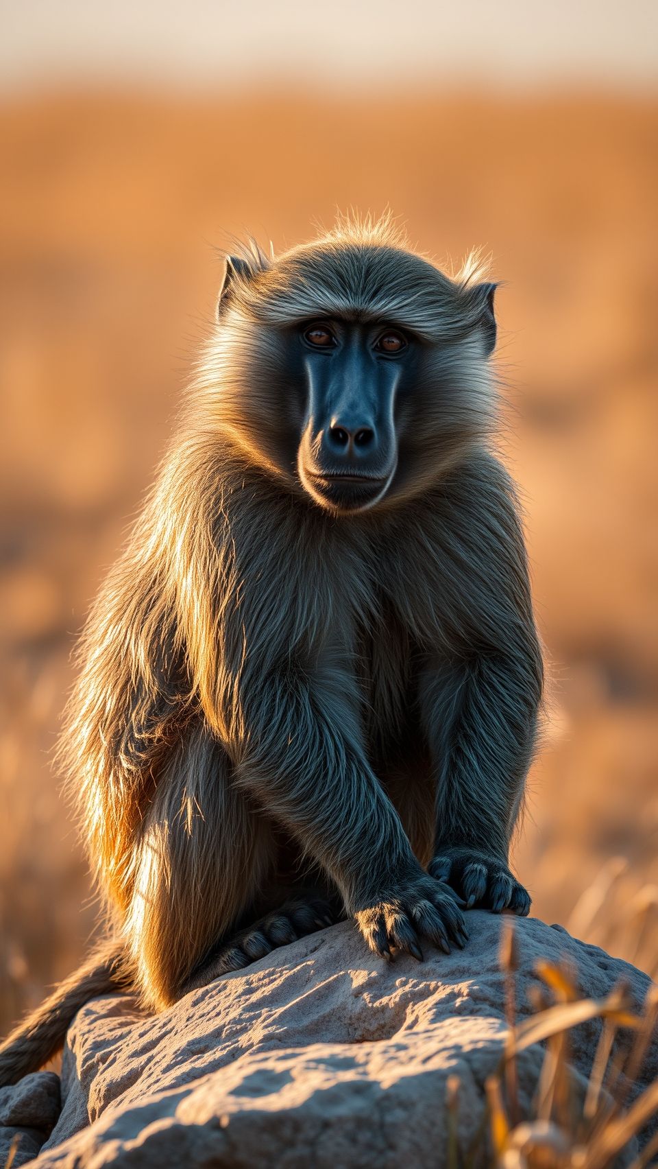 Realistic baboon sitting on a rock in golden African savannah at sunset
