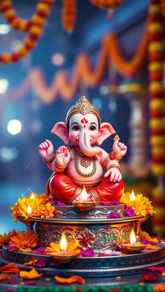 Baby Ganesh seated on a decorative pedestal surrounded by diyas and vibrant flowers.