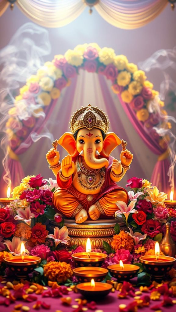 Baby Ganesh idol surrounded by colorful flowers, Diyas, and festive decorations.
