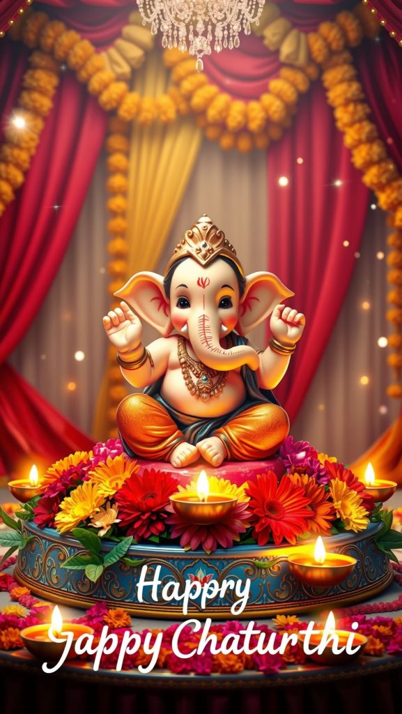 Festive Baby Ganesh idol surrounded by vibrant flowers and diyas on Ganesh Chaturthi.