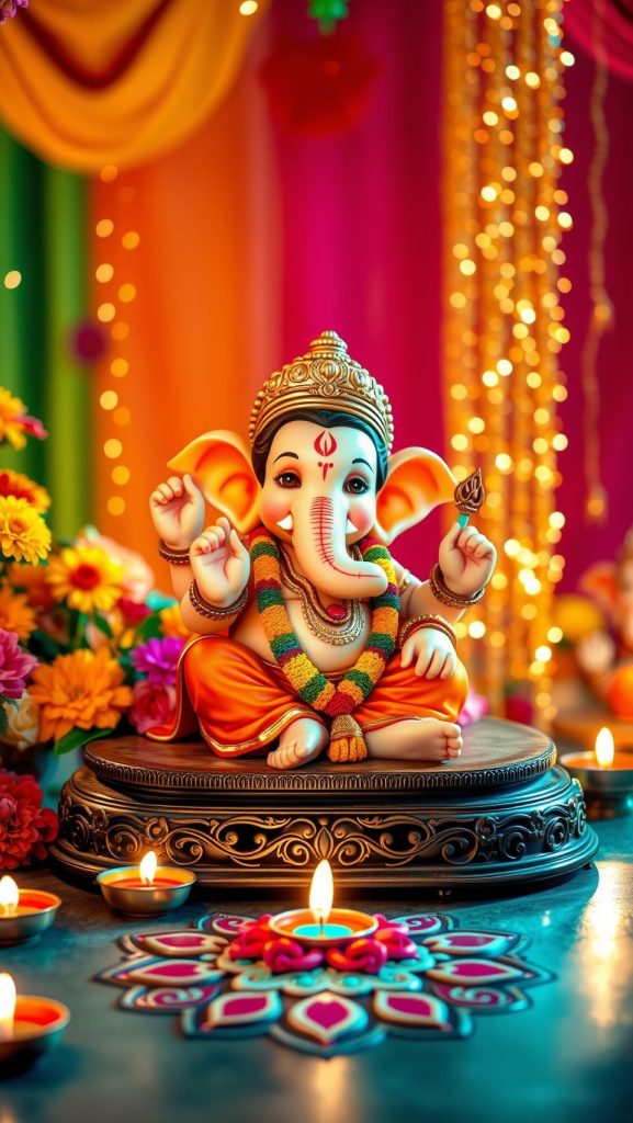 Baby Ganesh idol in a festive setting with colorful flowers and diyas.