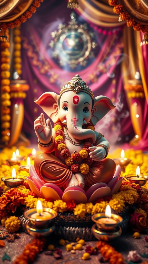 Baby Ganesh idol sitting on a lotus with floral decorations and diyas.