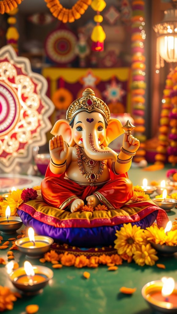Baby Ganesh idol in a traditional festive setting surrounded by diyas and marigold flowers