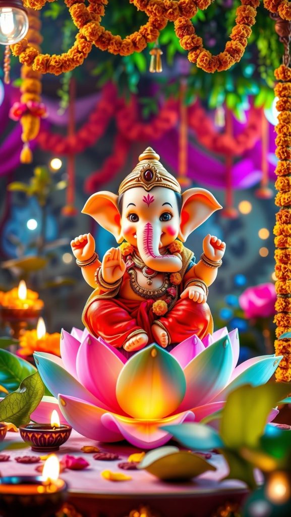Baby Ganesh seated on a lotus in a vibrant festive setting with colorful decorations