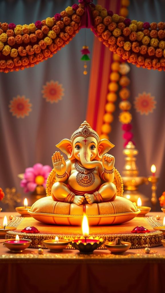 Golden Baby Ganesh idol surrounded by diyas, flowers, and decorations on a festive altar