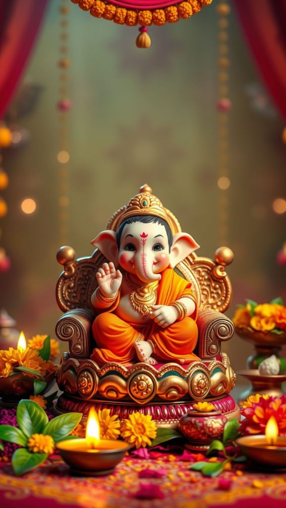Baby Ganesh idol in a festive setup with flowers and diyas.