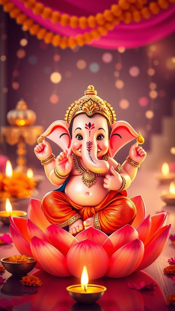 Baby Ganesh seated on a lotus with diyas and festive decorations.