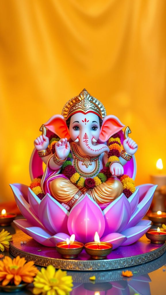 Baby Ganesh idol on a lotus with vibrant floral decorations and diyas.