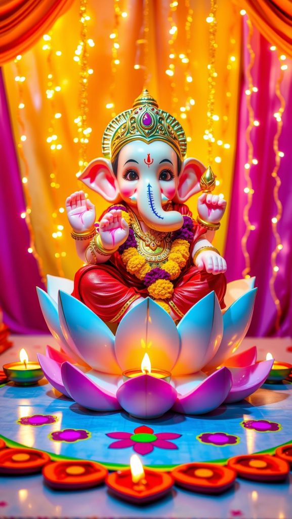 Baby Ganesh idol sitting on a lotus with vibrant flowers and diyas in the background.