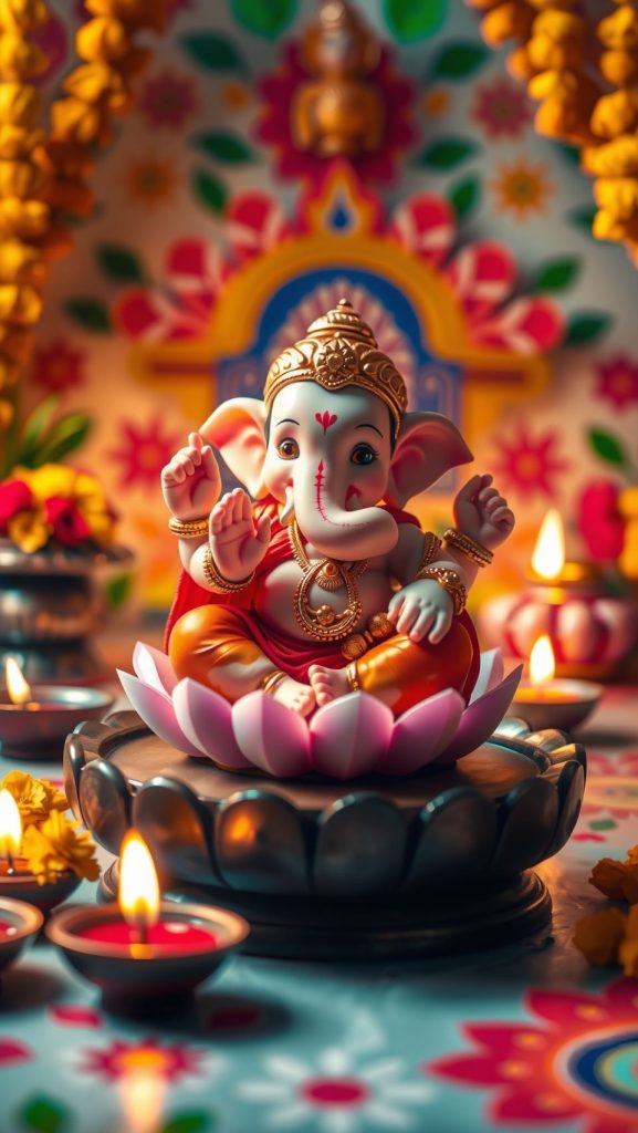 Baby Ganesh idol sitting on a lotus flower surrounded by diyas and colorful decorations.