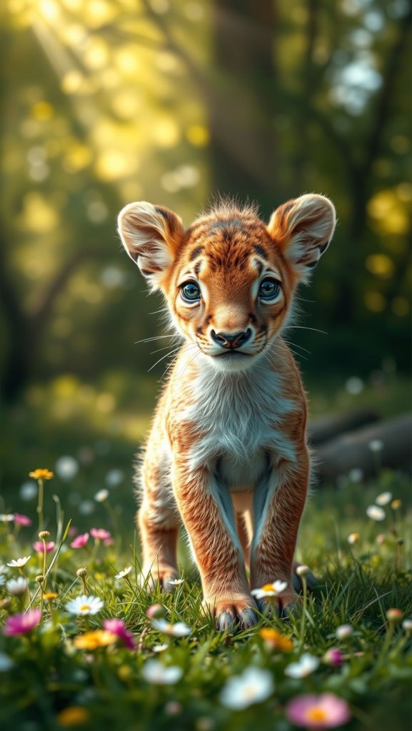 Cute baby lion cub walking through a flower-filled field with a soft sunlight background.