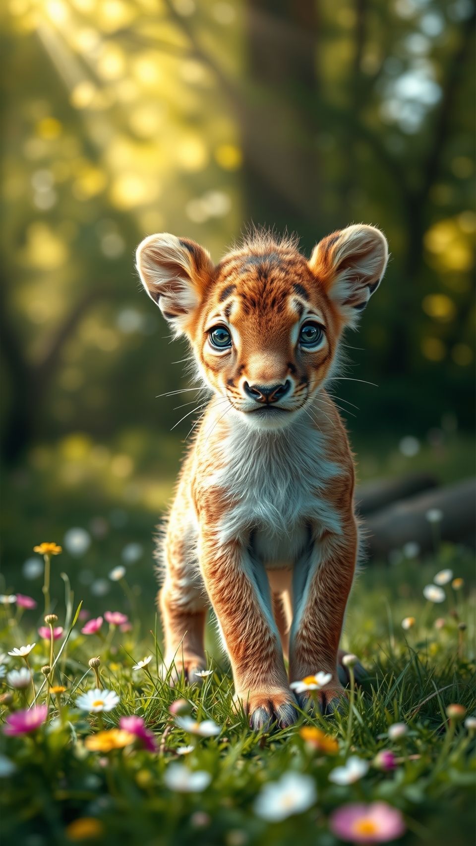 Cute baby lion cub walking through a flower-filled field with a soft sunlight background.