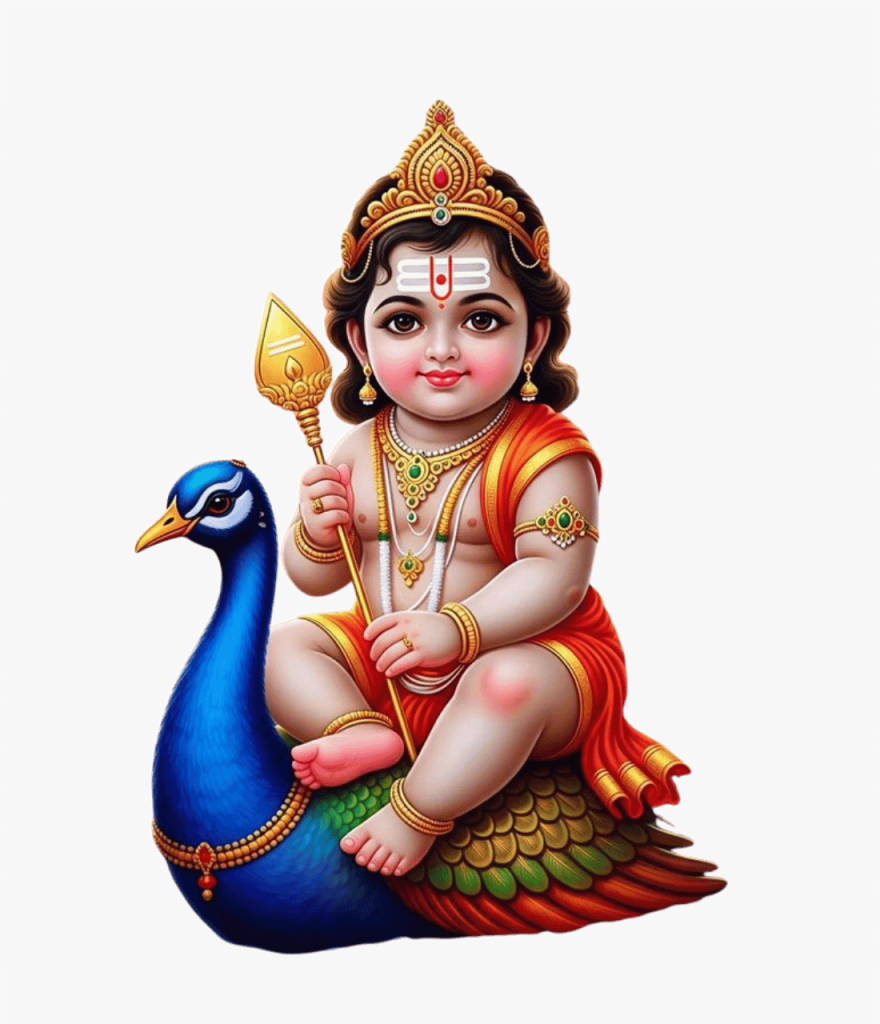 Baby Lord Murugan riding peacock with Vel weapon in HD png format