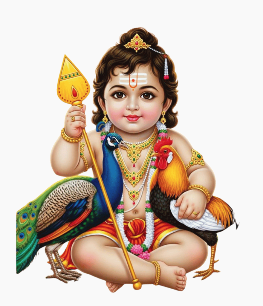 Baby Lord Murugan HD png image with peacock, rooster, and Vel weapon