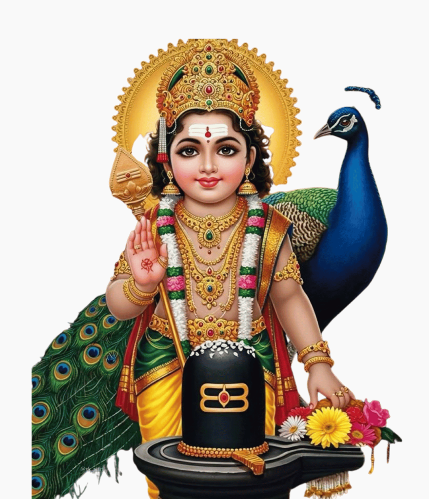 Divine Baby Lord Murugan HD png image with peacock and Shivaling