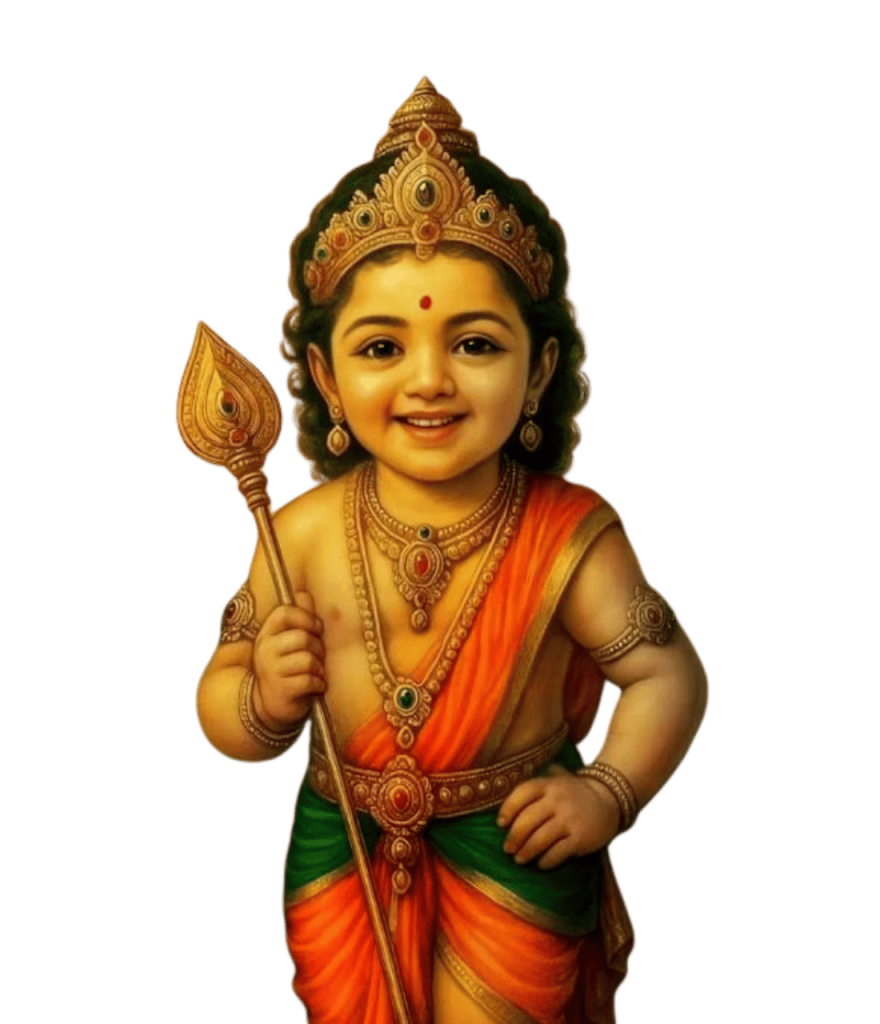 Baby Lord Murugan with a spear, smiling