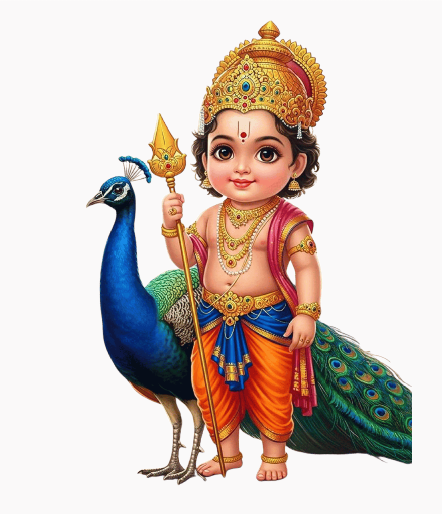 Baby Lord Murugan with peacock, holding a spear, in HD
