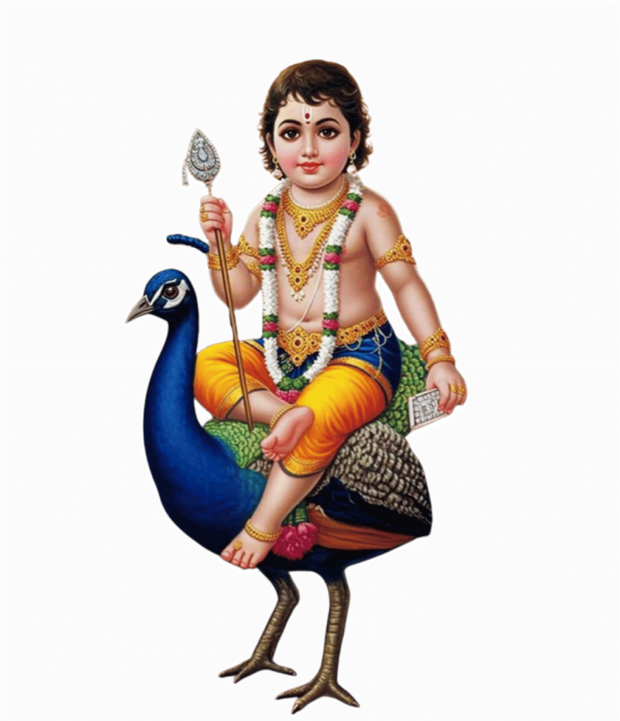 Baby Lord Murugan sitting on peacock, holding a spear, in HD.