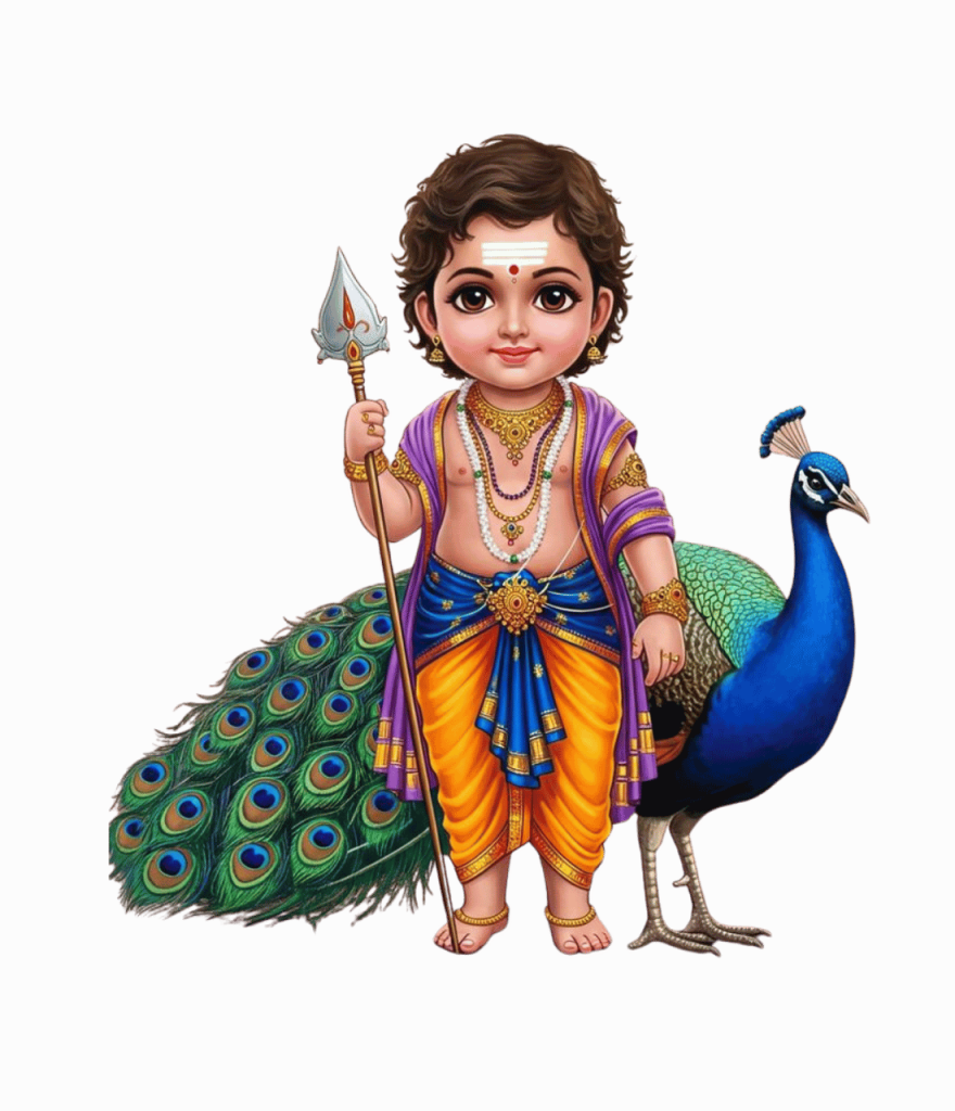 Baby Lord Murugan with spear and peacock,