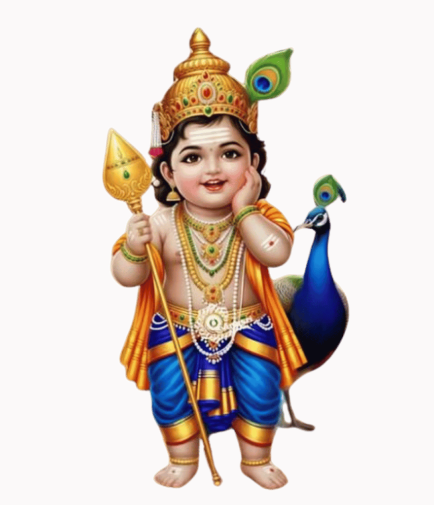 Baby Lord Murugan with peacock, holding a spear, smiling