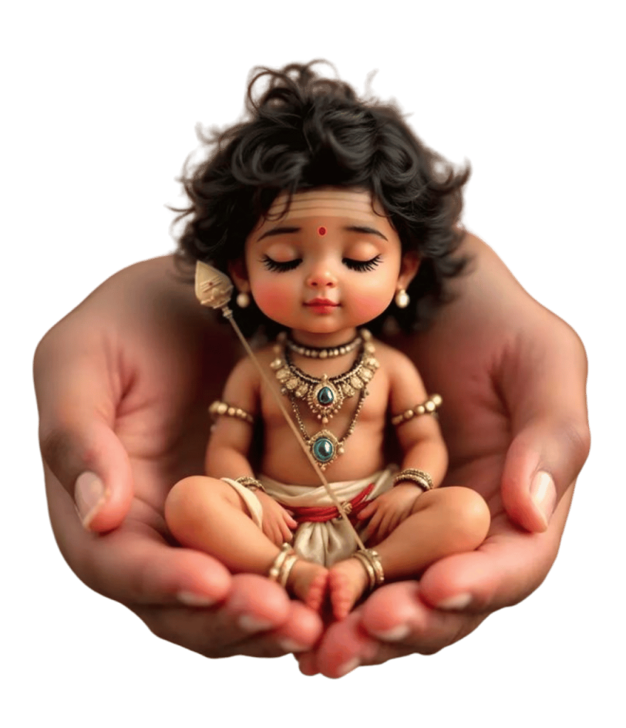 Baby Murugan sitting in hands, with closed eyes, in HD.