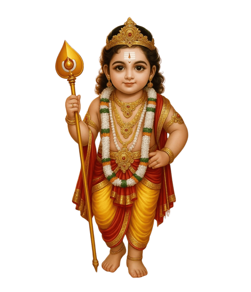 Baby Murugan holding a spear, adorned with a garland, in HD.